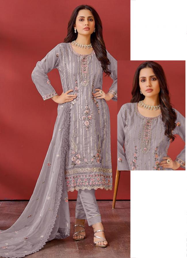 Organza Grey Eid Wear Embroidery Work Pakistani Suit